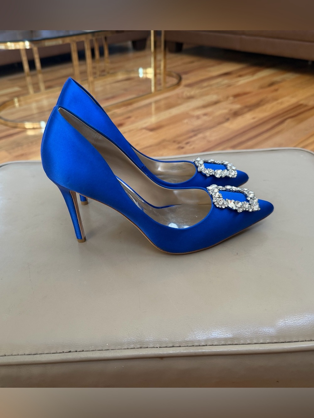 Badgley Mischka Blue Satin  Heels with Crystal Buckle